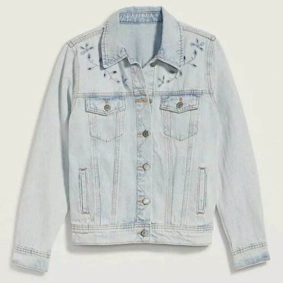 Old Navy Light-Wash Embroidered Cutwork Jean Jacket Size SMALL Cottagecore RT$50 - Picture 5 of 10